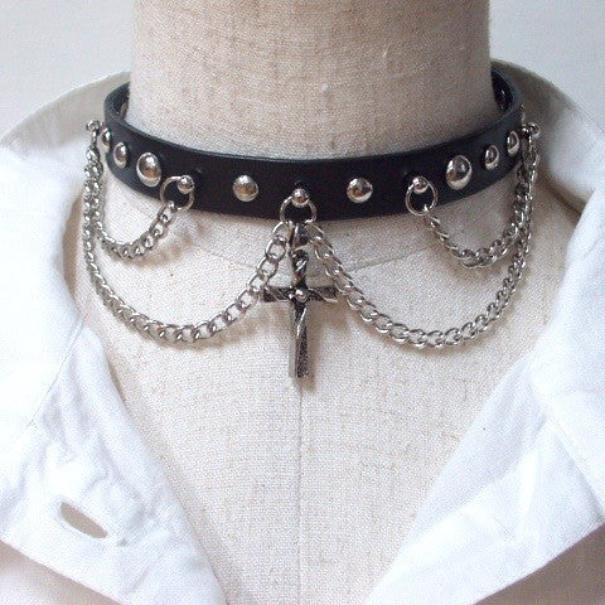 Leather Cross Chain Chocker