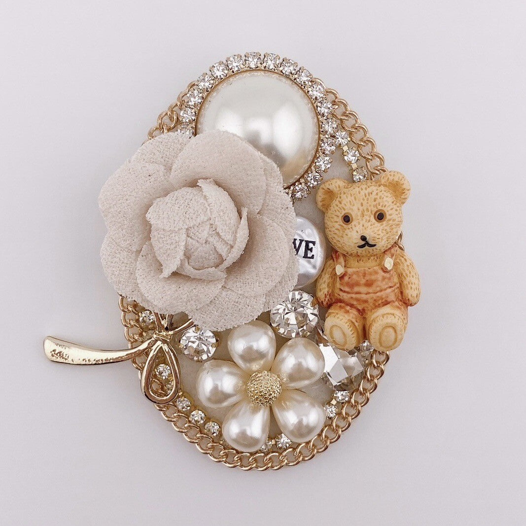 Beige rose teddy bear brooch