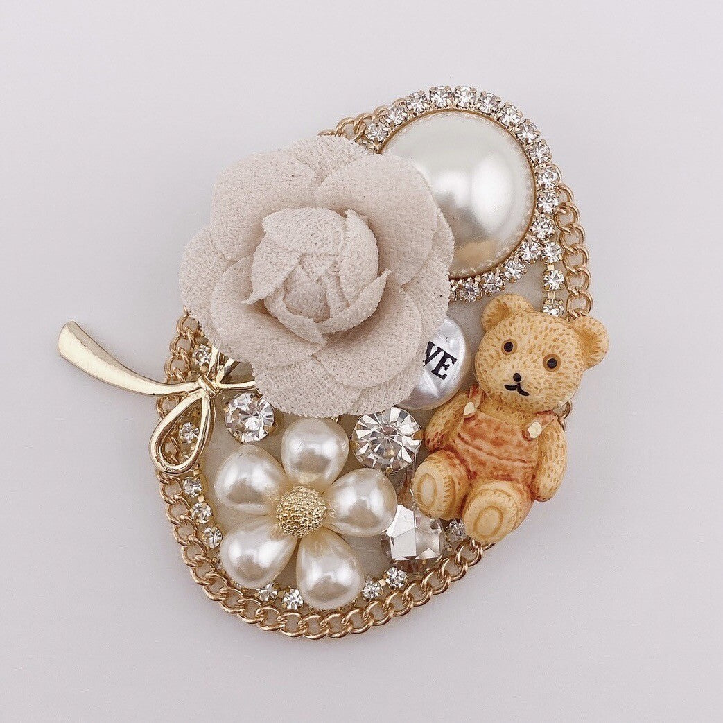 Beige rose teddy bear brooch