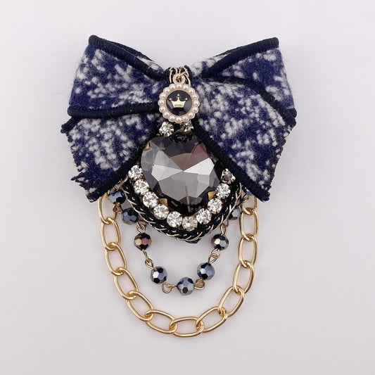 Blue bow heart chain brooch