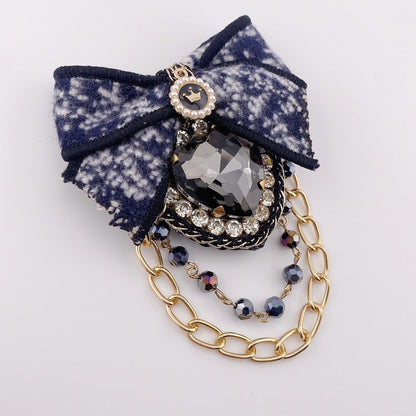 Blue bow heart chain brooch